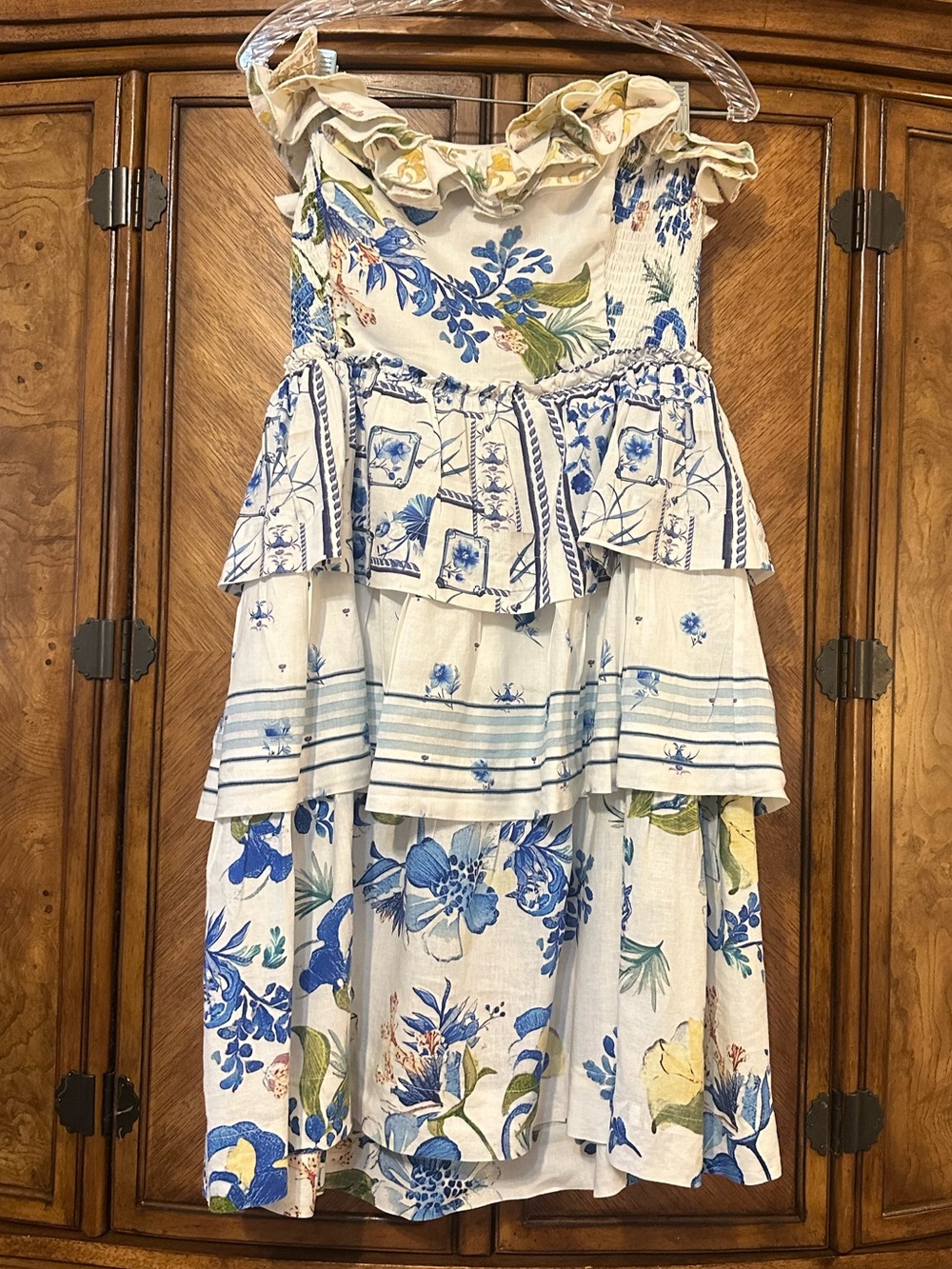 Maeve Anthropologie Linen Strapless Ruffle Tiered Floral Dress L - Picture 2 of 12